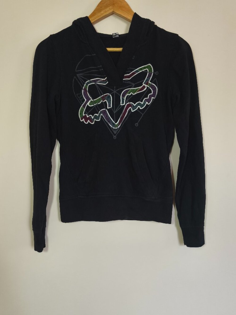 y2k Fox Embroidered Hooded Sweatshirt sz S Black Grunge Racing Edgy Streetwear